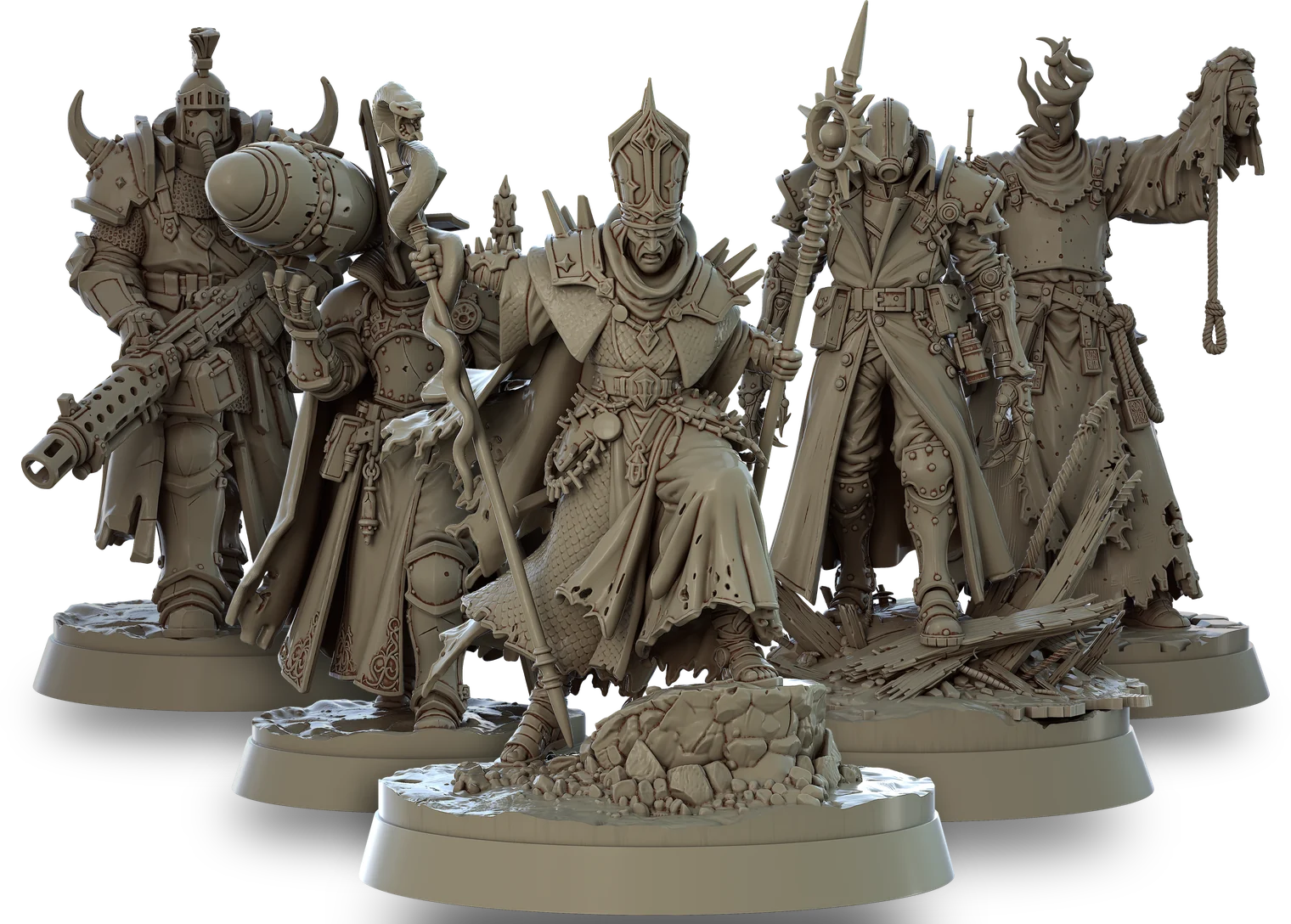 Five Apostate Legions miniatures in unpainted grey resin
